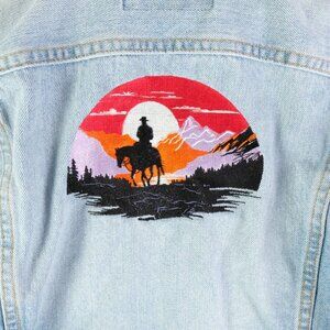 Vintage Jean Jacket Womens Small Blue Embroidered Western Cowgirl Button Up 90s